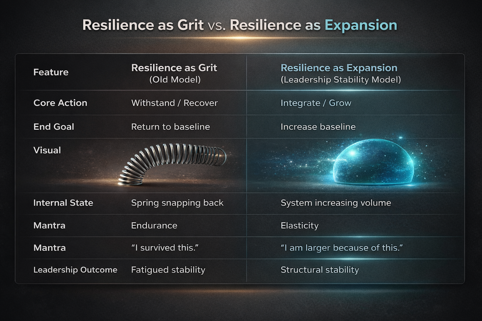 Resilience as Grit vs. Resilience as Expansion — comparison table showing how grit endures while expansion evolves