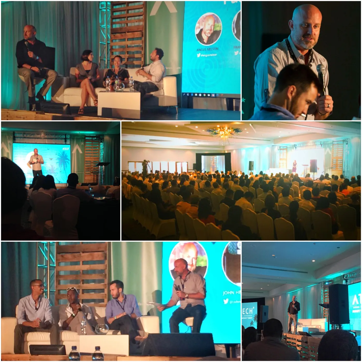 Collage of Angus Nelson across panels, keynotes, and a full ballroom at ATech Conference